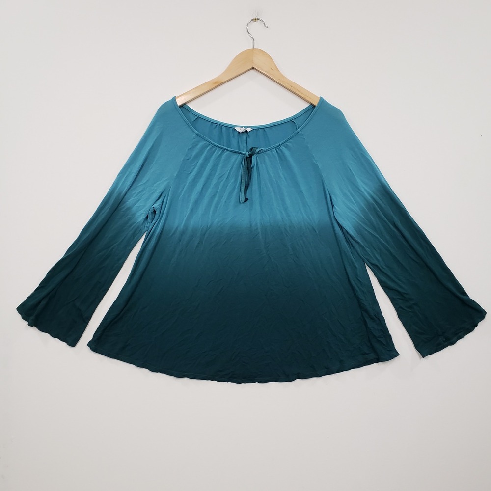 Sonoma Womens XL Ombre Teal Blue Long Sleeve Blouse Boho Top Coastal Vacation